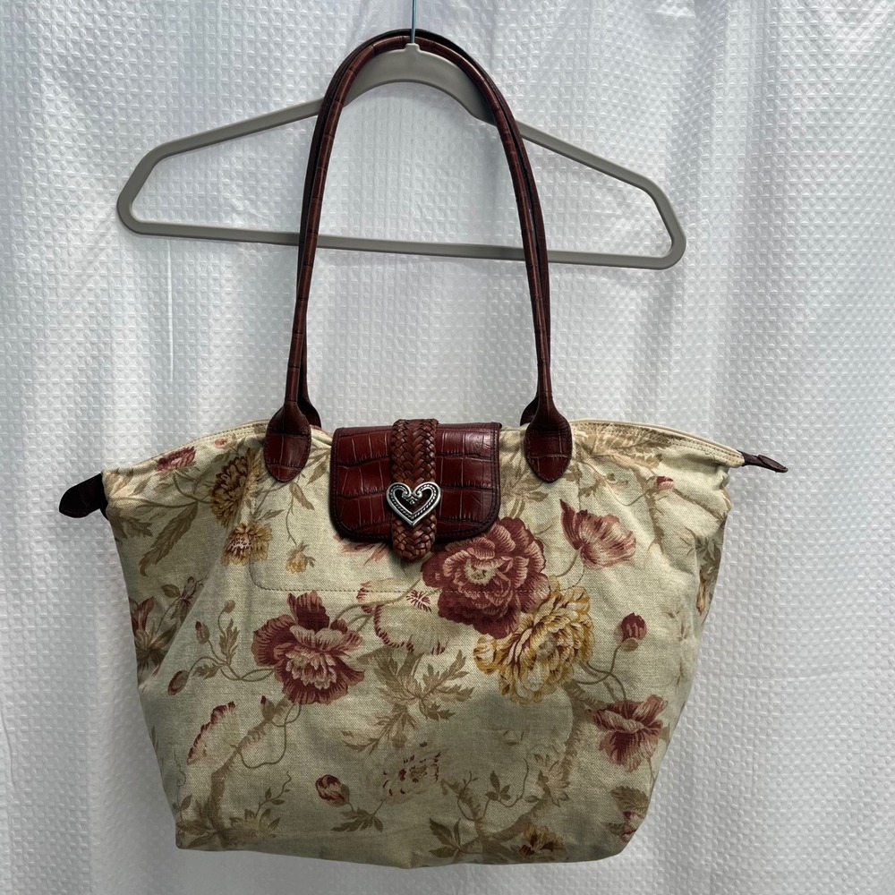 Brighton Lansky Floral Tapestry Tote Bag Brown Croc Leather Trim Silver Heart